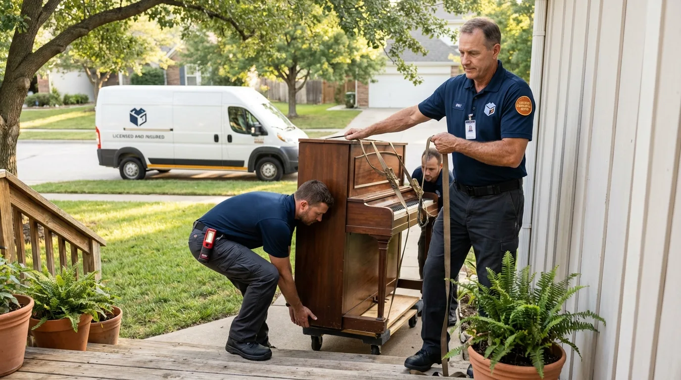 Licensed piano movers securing grand piano in Baltic, SD