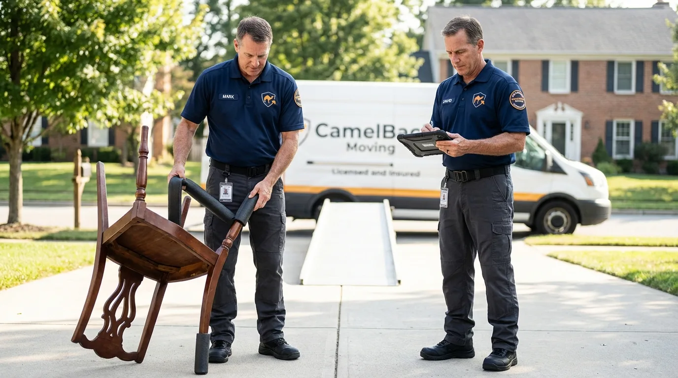 Movers inspecting furniture for damage prevention before loading in Baltic, SD