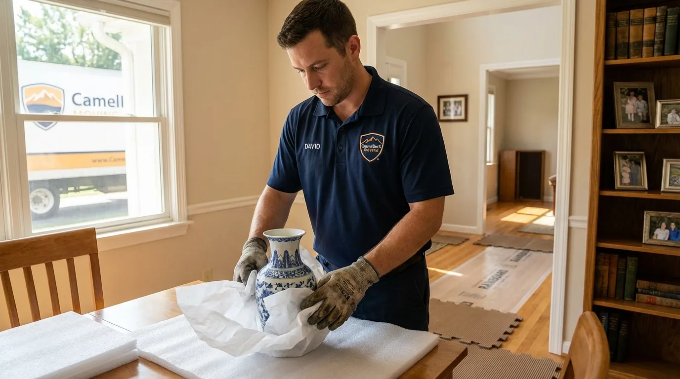 Professional crew carefully wrapping antique vase for senior downsizing move in Baltic, SD