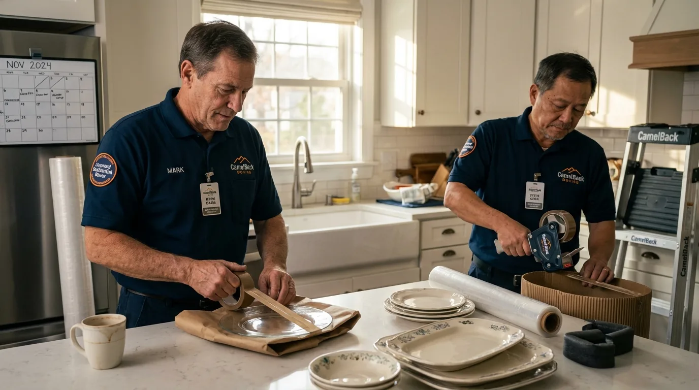 Professional crew packing kitchen dishware in Baltic, SD